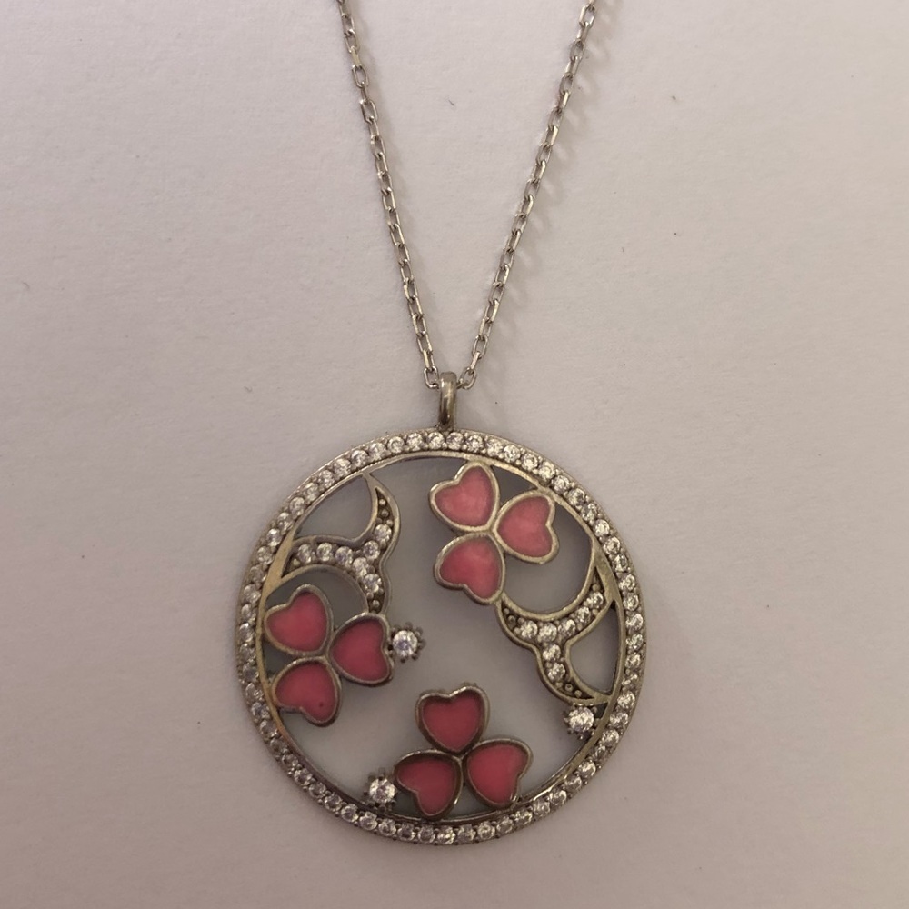 925 Silver clover necklace handmade pink enamel cz - Picture 3 of 4